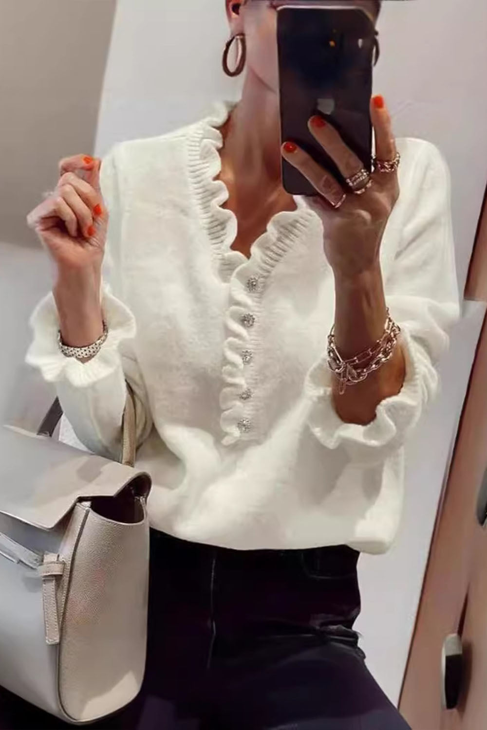 Women's solid color ruffled POLO collar long-sleeved sweater