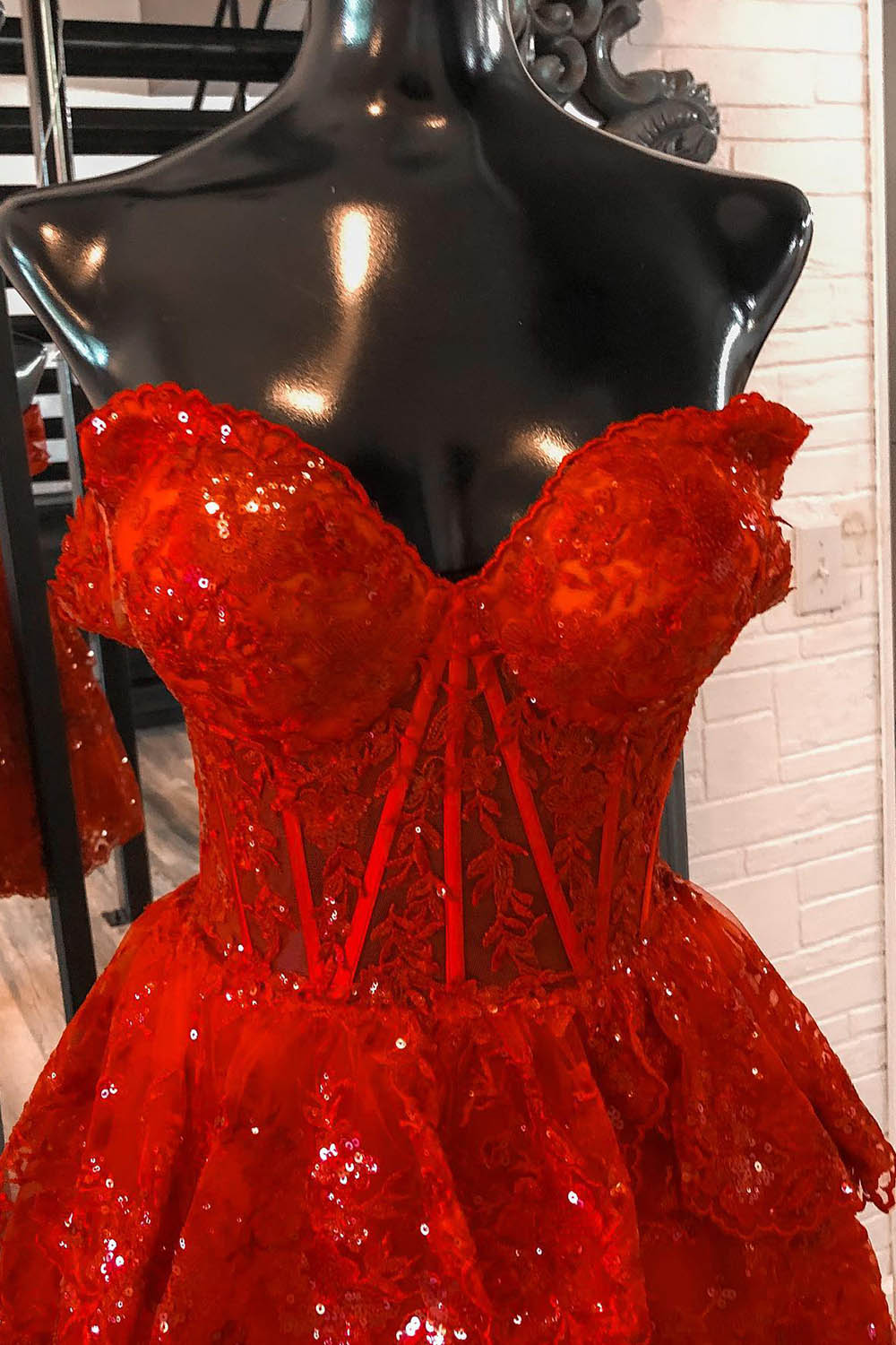 Red Homecoming Dress Corset Tiered Lace A-Line Short Prom Dress