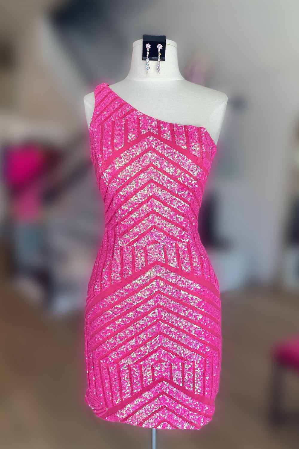 Hot Pink Homecoming Dress One Shoulder Sequin Tight Short Prom Dress