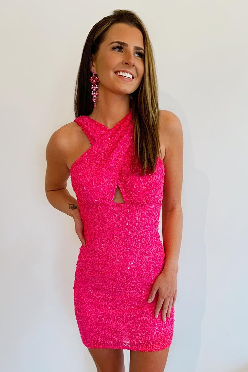 Fuchsia Homecoming Dress Halter Sleeveless Sequined Prom Dress