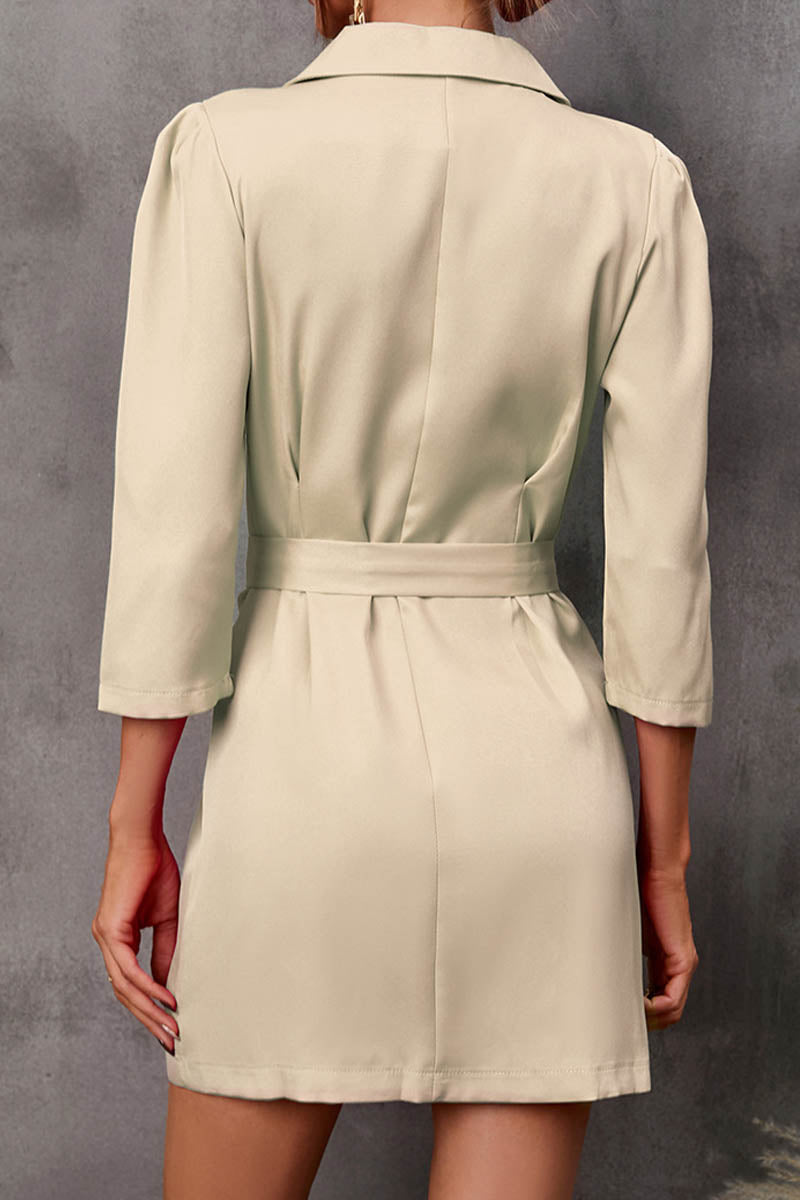 Three-quarter Sleeves V-neck Belted Buttoned Suit Dress