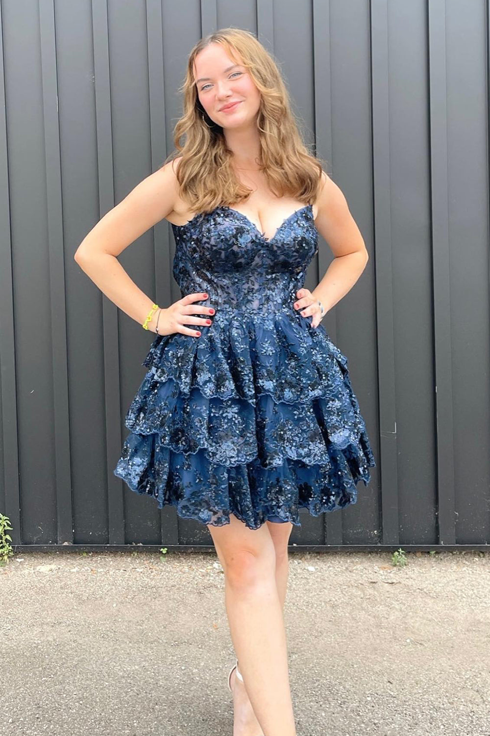 Dark Blue Homecoming Dress Corset Top Spaghetti Straps A-Line Lace Short Prom Dress