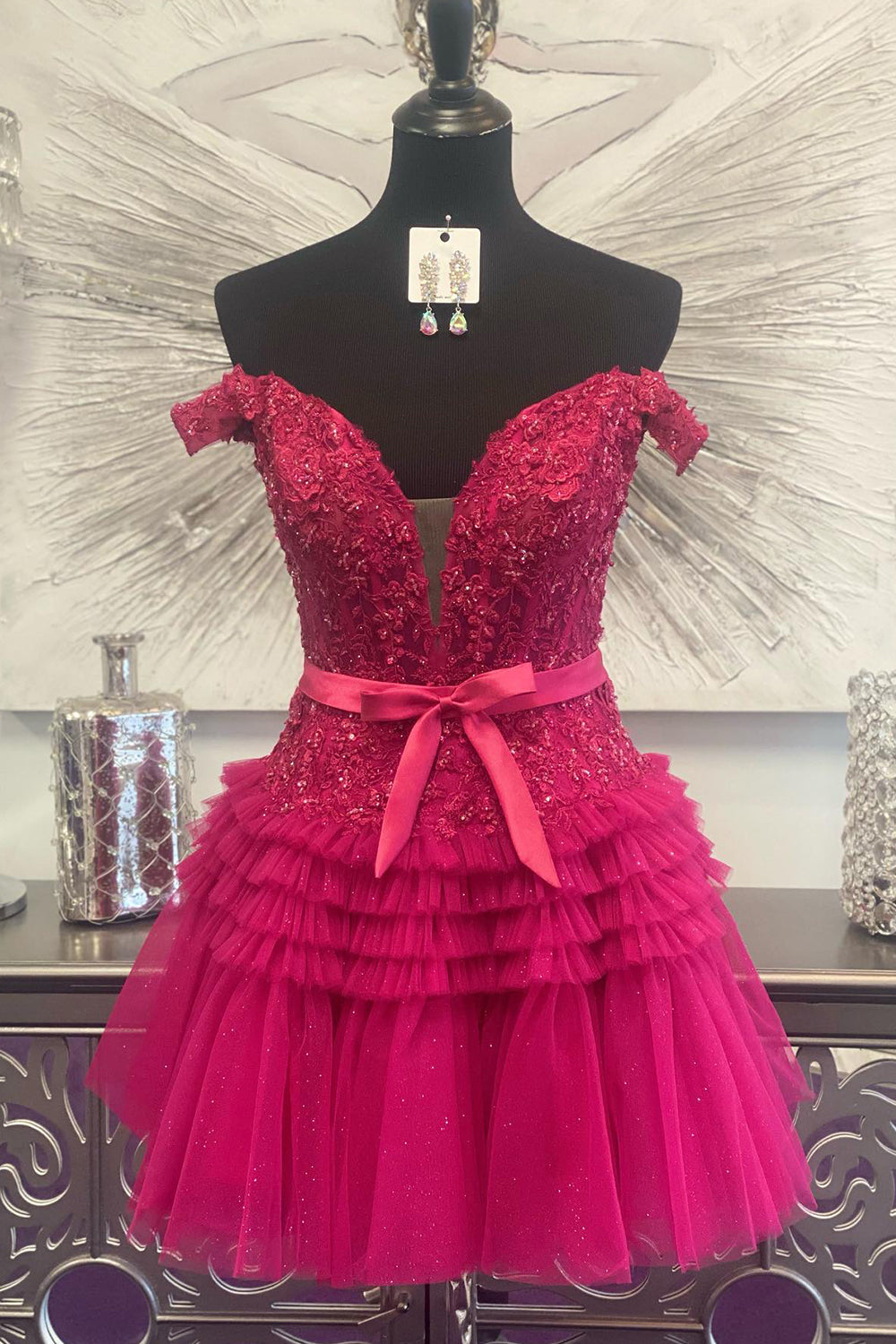 Pink Homecoming Dress Tiered A-Line Tulle Short Prom Dress with Lace