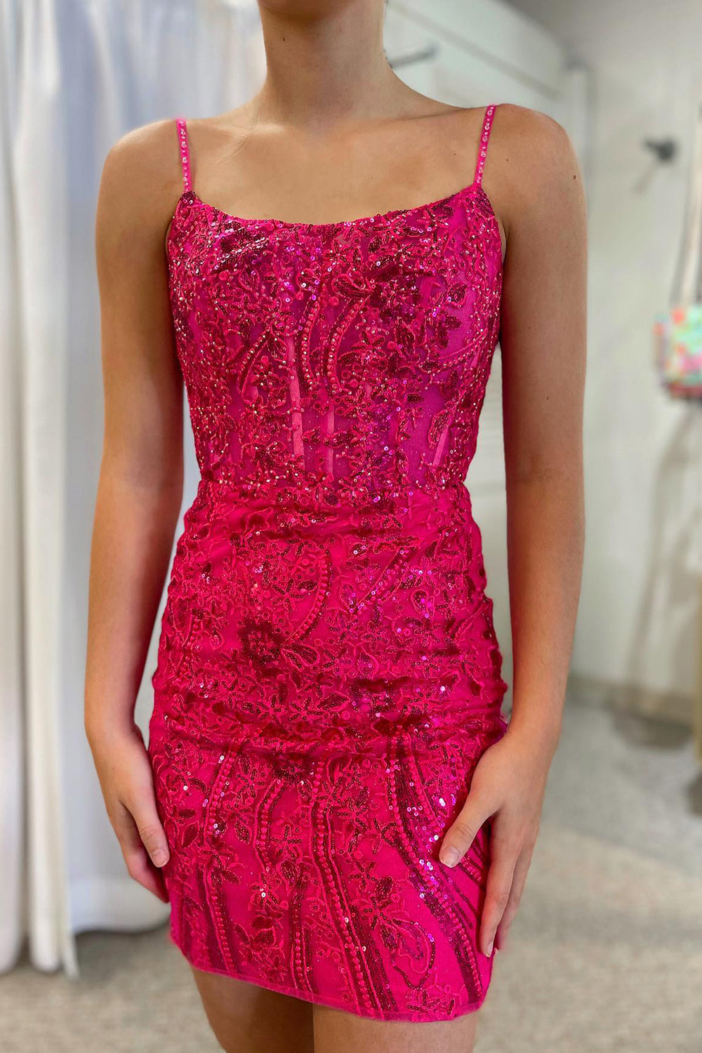 Fuchsia Homecoming Dress Sequined Lace Tight Short Prom Dress