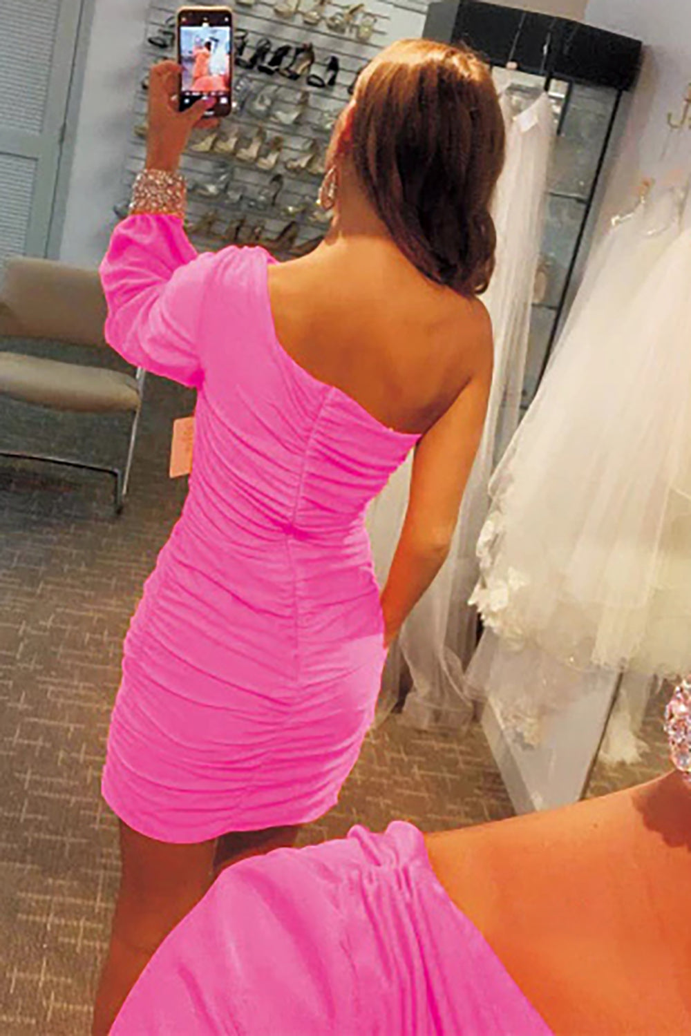 Tight Fuchsia Homecoming Dress Ruched Prom Dress with Sleeves