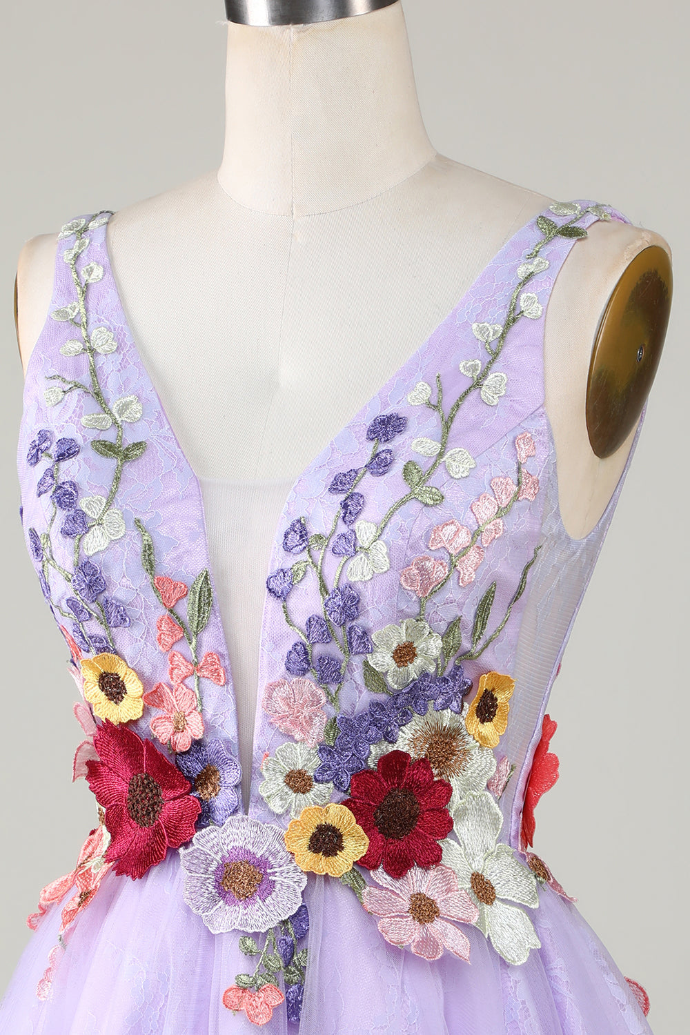 A Line Deep V Neck Open Back Purple Homecoming Dress Prom Dress With 3D Flowers