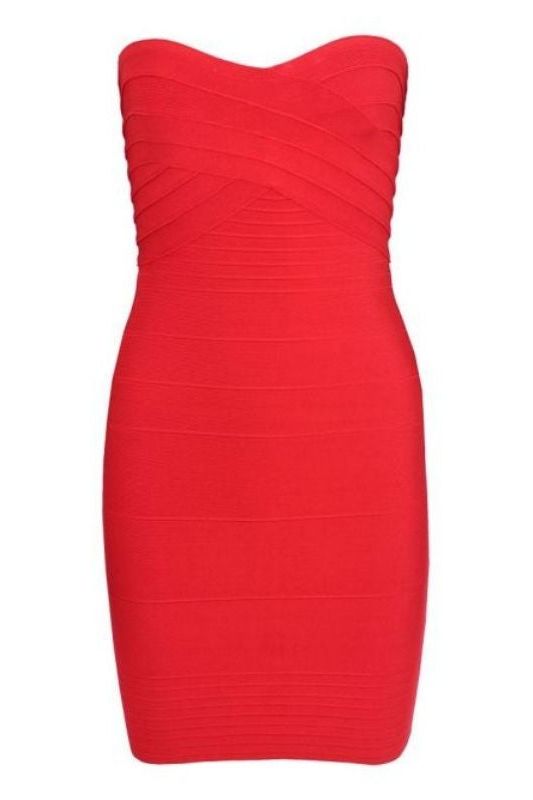 Woman wearing a figure flattering  Aaliyah Bandage Mini Dress - Lipstick Red BODYCON COLLECTION