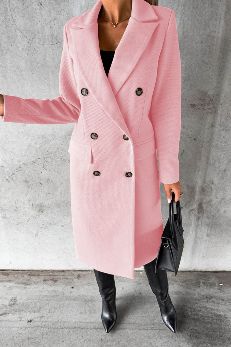 Solid Color Long Sleeve Double Breasted Coat with Pockets