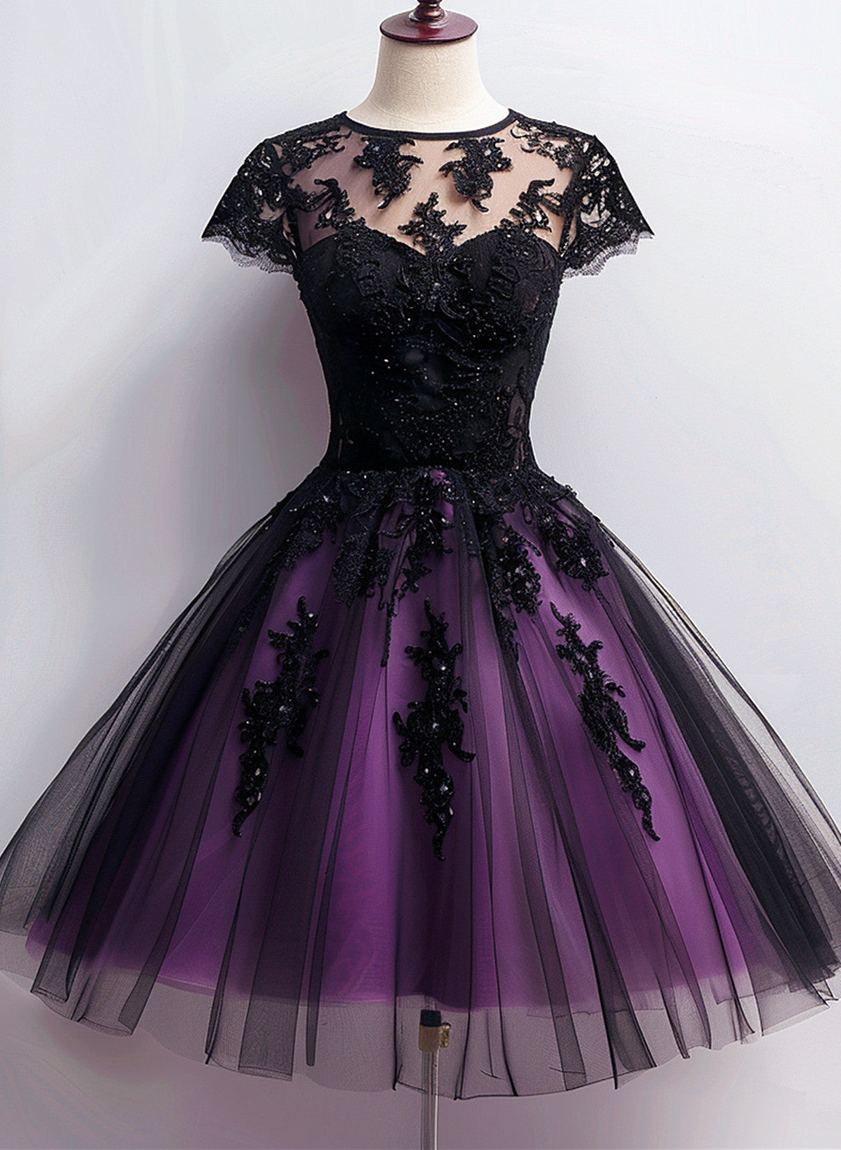 Cute Black and Purple Tulle Short Sleeves Party Dress, Tulle Short Homecoming Dress