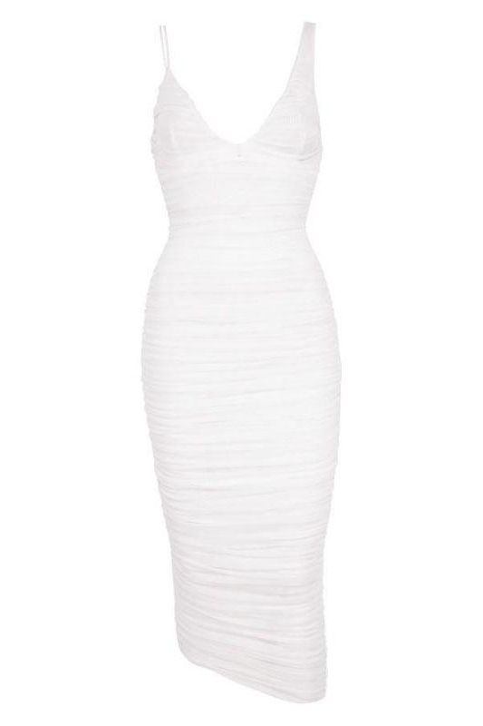 Woman wearing a figure flattering  Adele Bodycon Wrap Midi Dress - Pearl White BODYCON COLLECTION