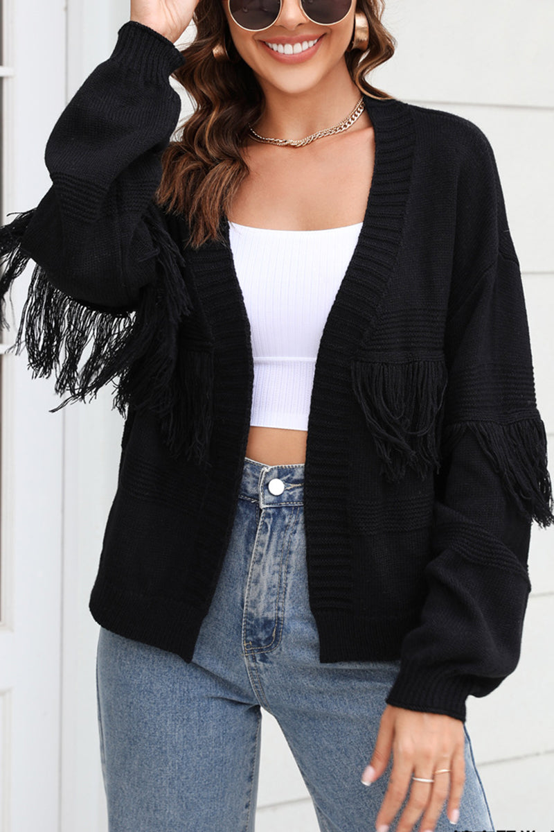 Cropped Solid Color Fringe Cardigan Sweater