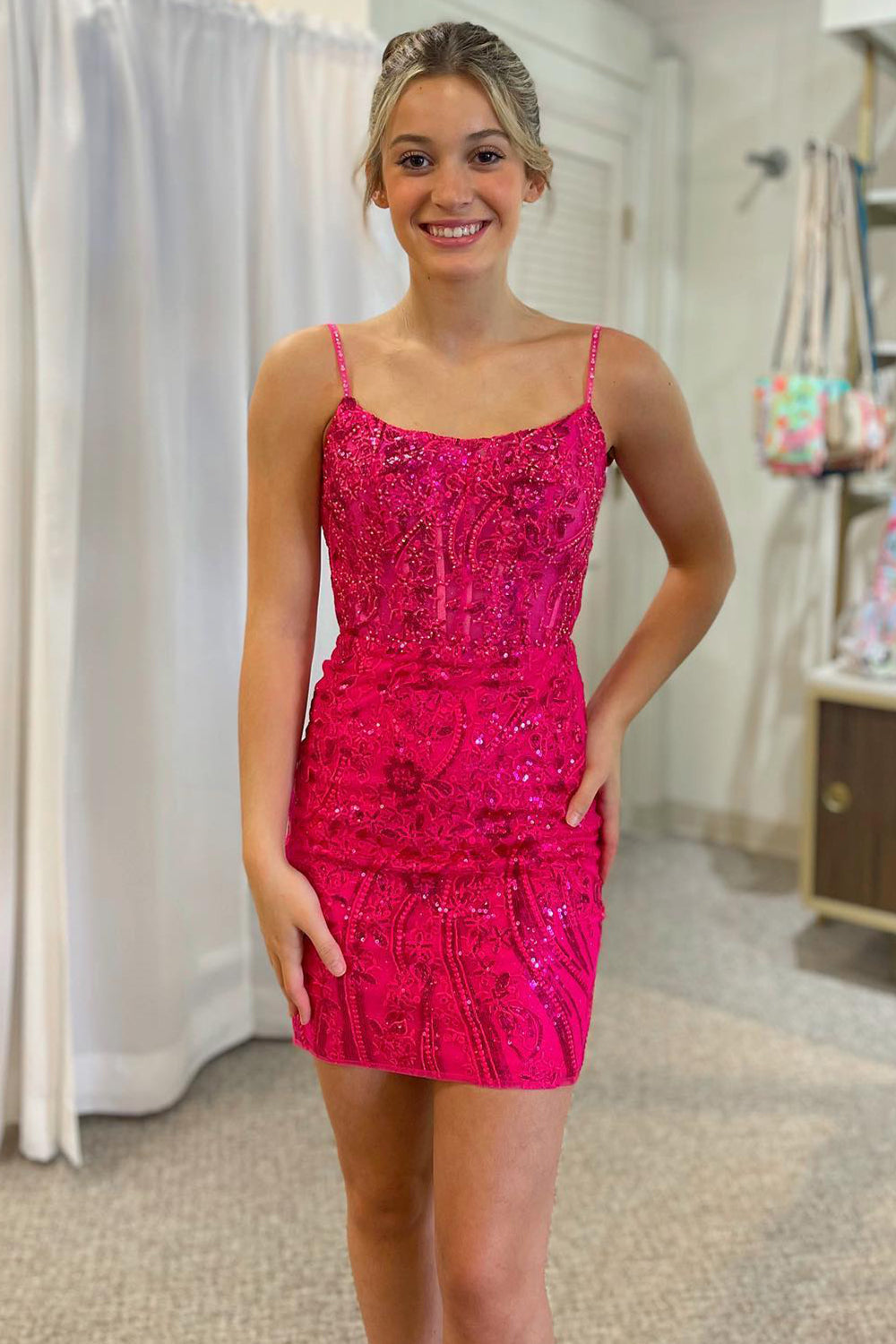 Fuchsia Homecoming Dress Sequined Lace Tight Short Prom Dress