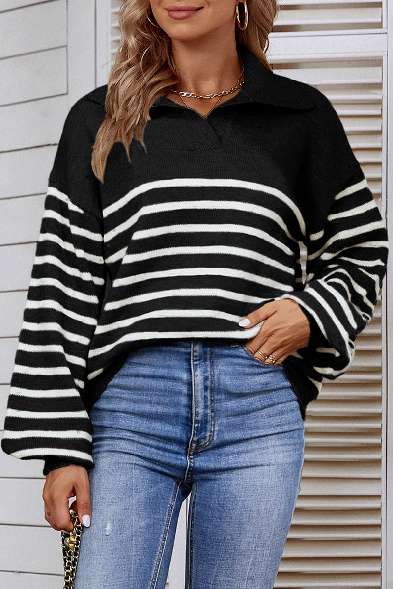 Colorblock Striped Polo Neck Balloon Sleeve Sweater