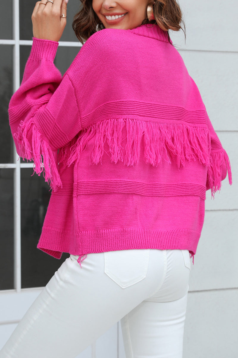 Cropped Solid Color Fringe Cardigan Sweater