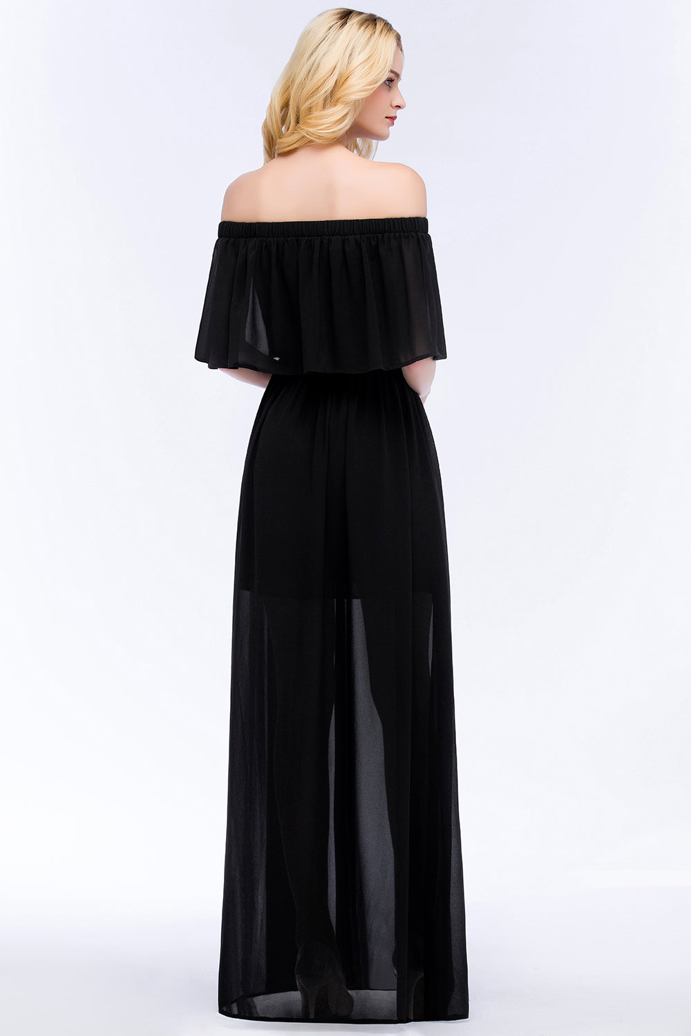 Affordable Black Off-the-shoulder Long Chiffon Bridesmaid Dresses