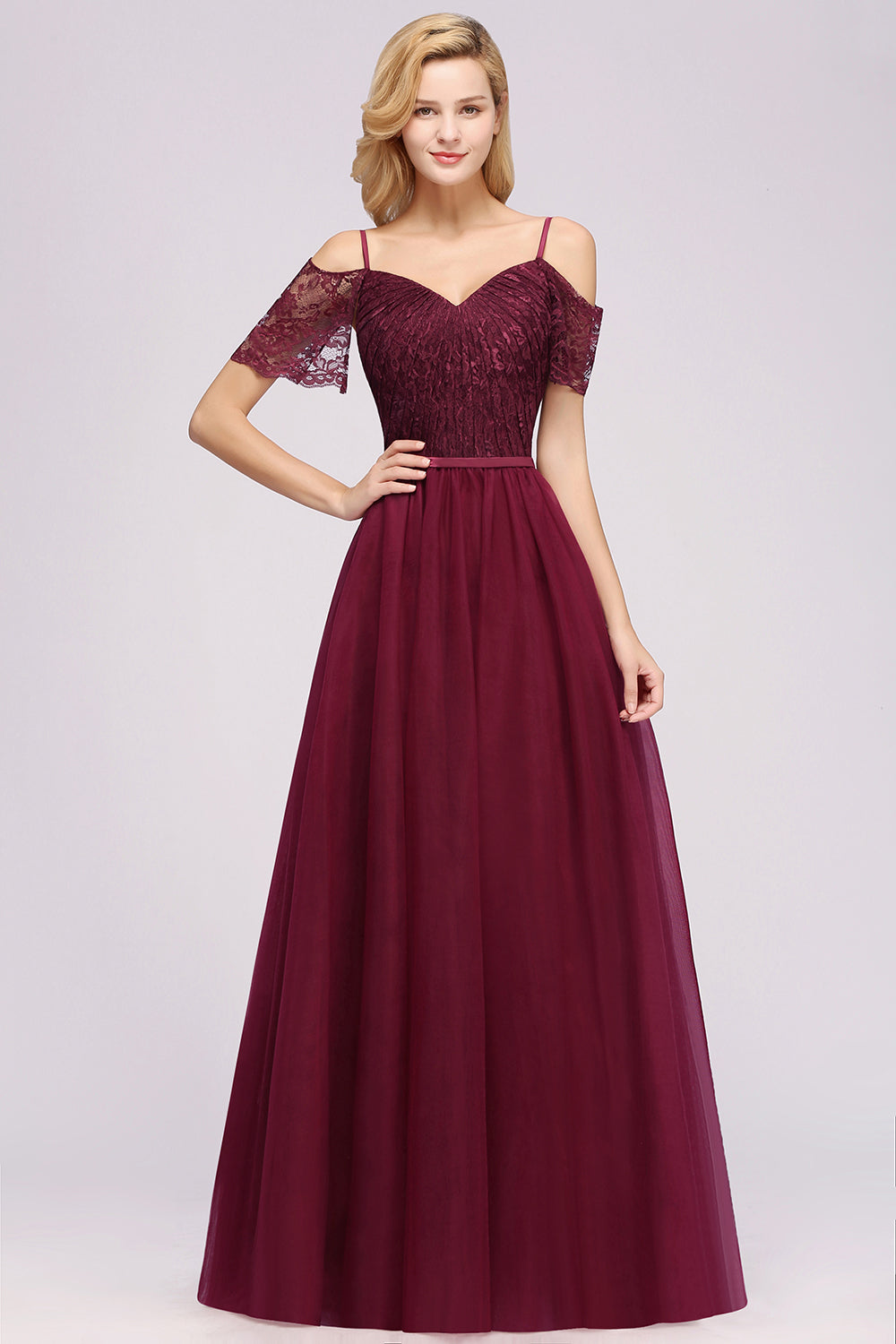 Affordable Chiffon Off-the-Shoulder Burgundy Lace Bridesmaid dresses