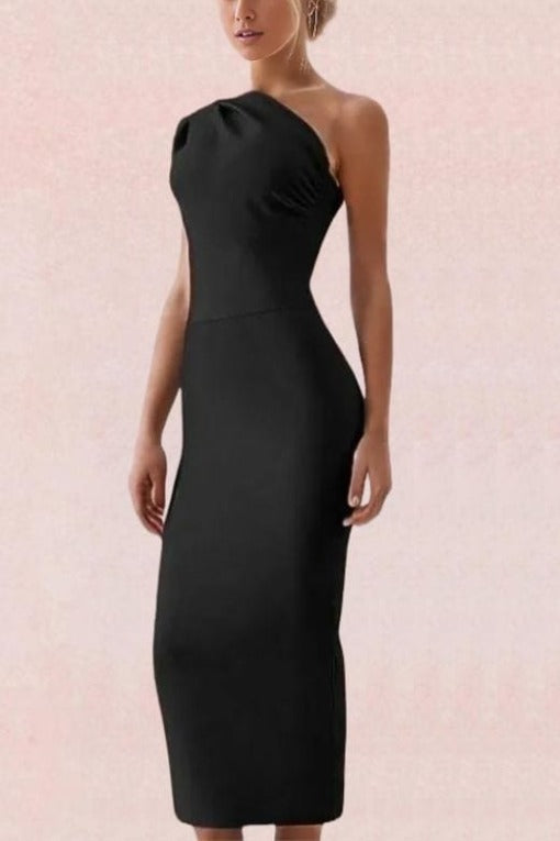 Woman wearing a figure flattering  Ally Bodycon Midi Dress - Classic Black Bodycon Collection