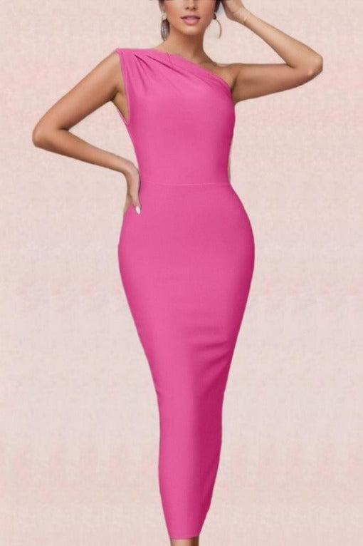 Woman wearing a figure flattering  Ally Bodycon Midi Dress - Hot Pink Bodycon Collection