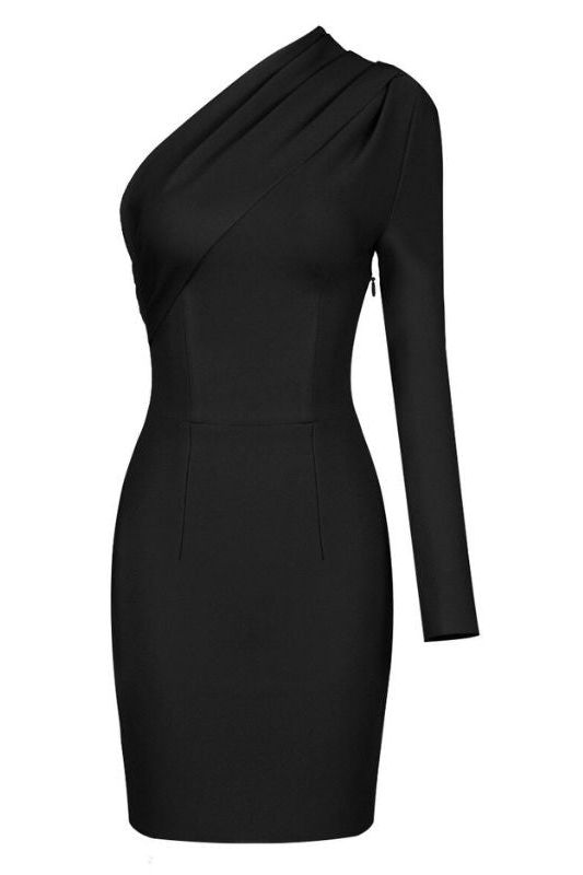 Woman wearing a figure flattering  Ally Long Sleeve Bodycon Mini Dress - Classic Black BODYCON COLLECTION