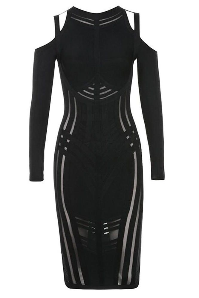 Woman wearing a figure flattering  Amelia Long Sleeve Bandage Dress - Classic Black BODYCON COLLECTION