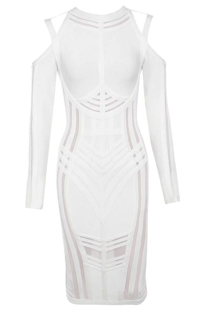 Woman wearing a figure flattering  Amelia Long Sleeve Bandage Dress - Pearl White BODYCON COLLECTION