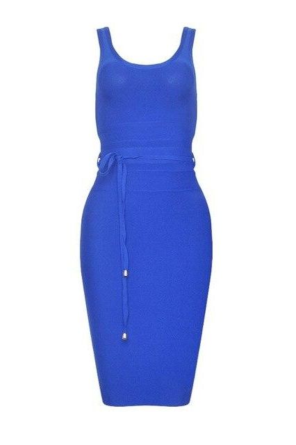 Woman wearing a figure flattering  Amy Bandage Dress - Royal Blue Bodycon Collection