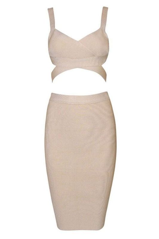 Woman wearing a figure flattering  Ang Bandage Top and Knee Length Skirt Set- Cream BODYCON COLLECTION