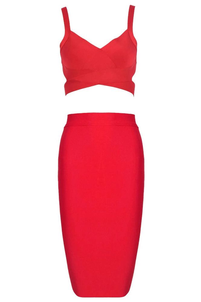 Woman wearing a figure flattering  Ang Bandage Top and Knee Length Skirt Set - Lipstick Red BODYCON COLLECTION