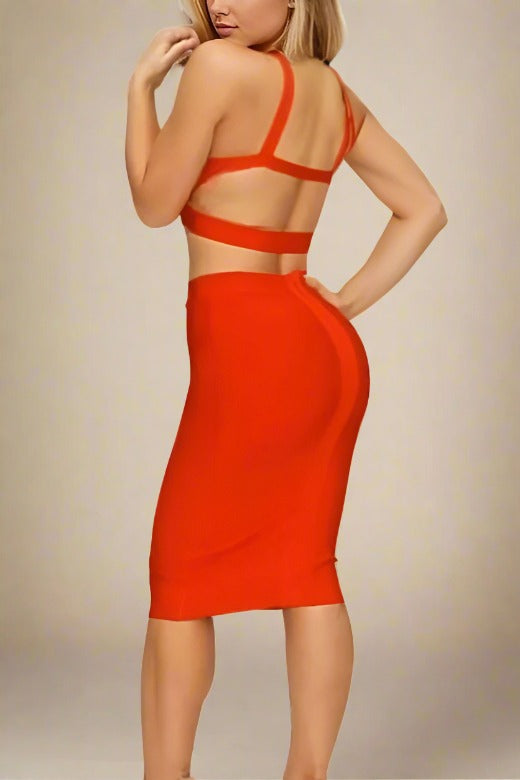 Ang Bandage Top and Knee Length Skirt Set - Lipstick Red