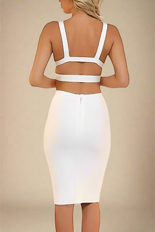 Ang Bandage Top and Knee Length Skirt Set - Pearl White