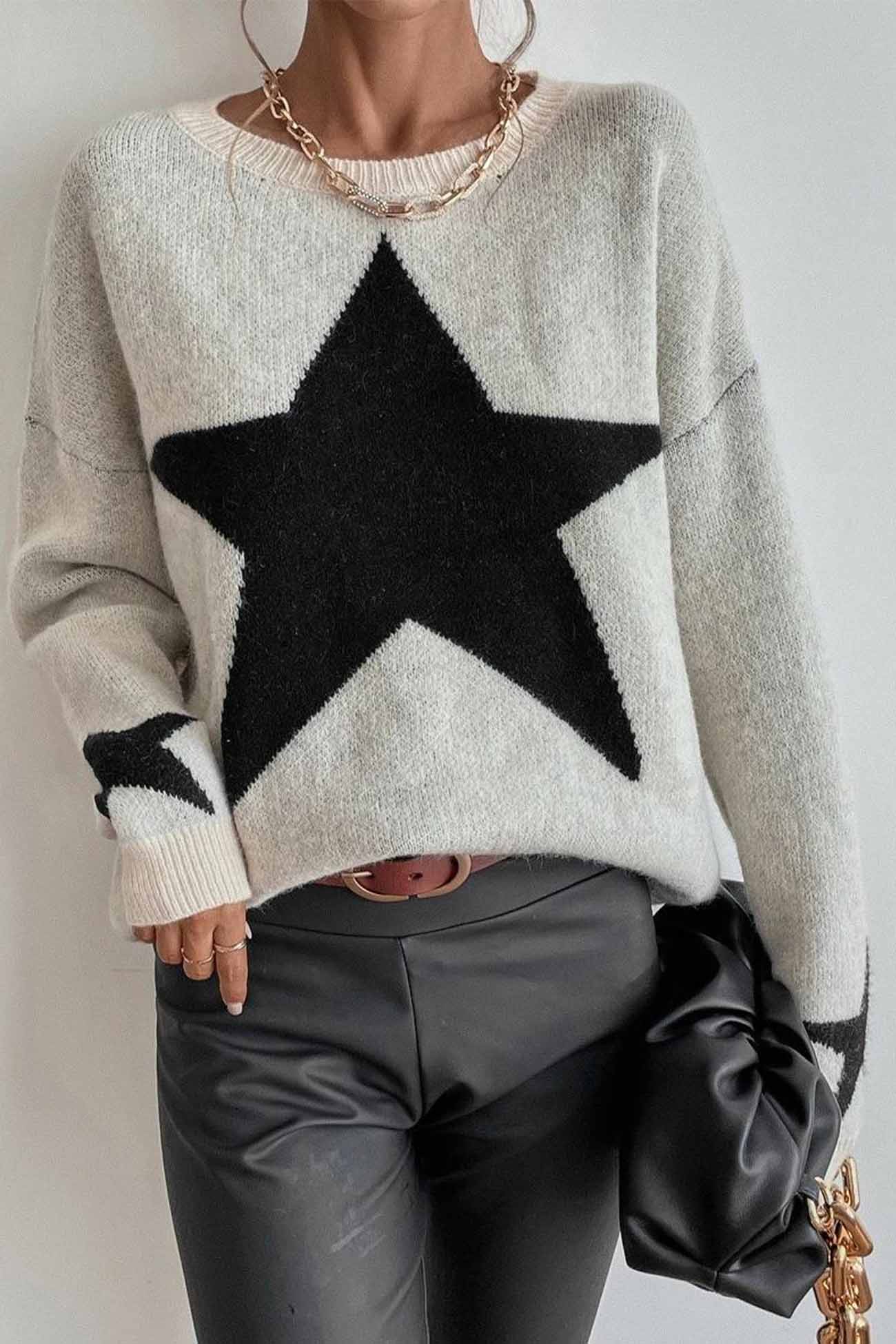 Crew Neck Star Long Sleeve Knitted Sweater