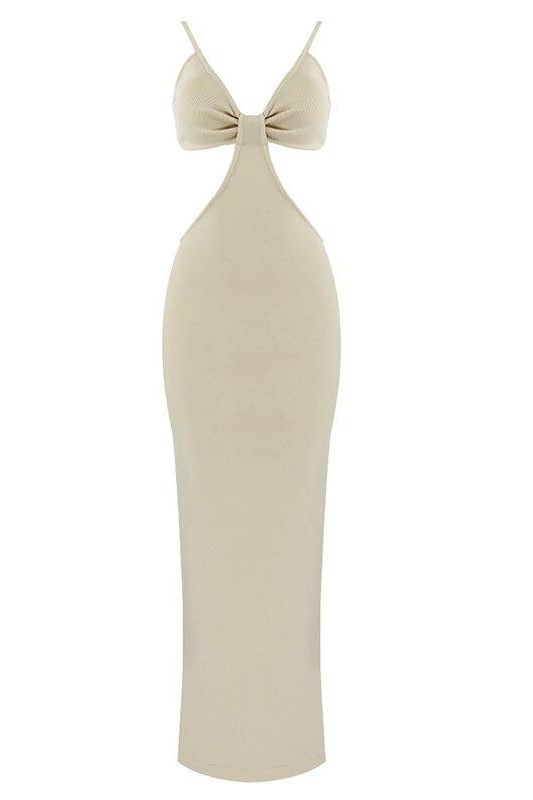 Woman wearing a figure flattering  Aria Bodycon Day Maxi Dress - Cream BODYCON COLLECTION