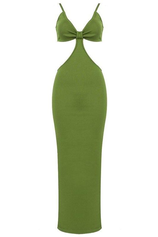 Woman wearing a figure flattering  Aria Bodycon Day Maxi Dress - Emerald Green BODYCON COLLECTION