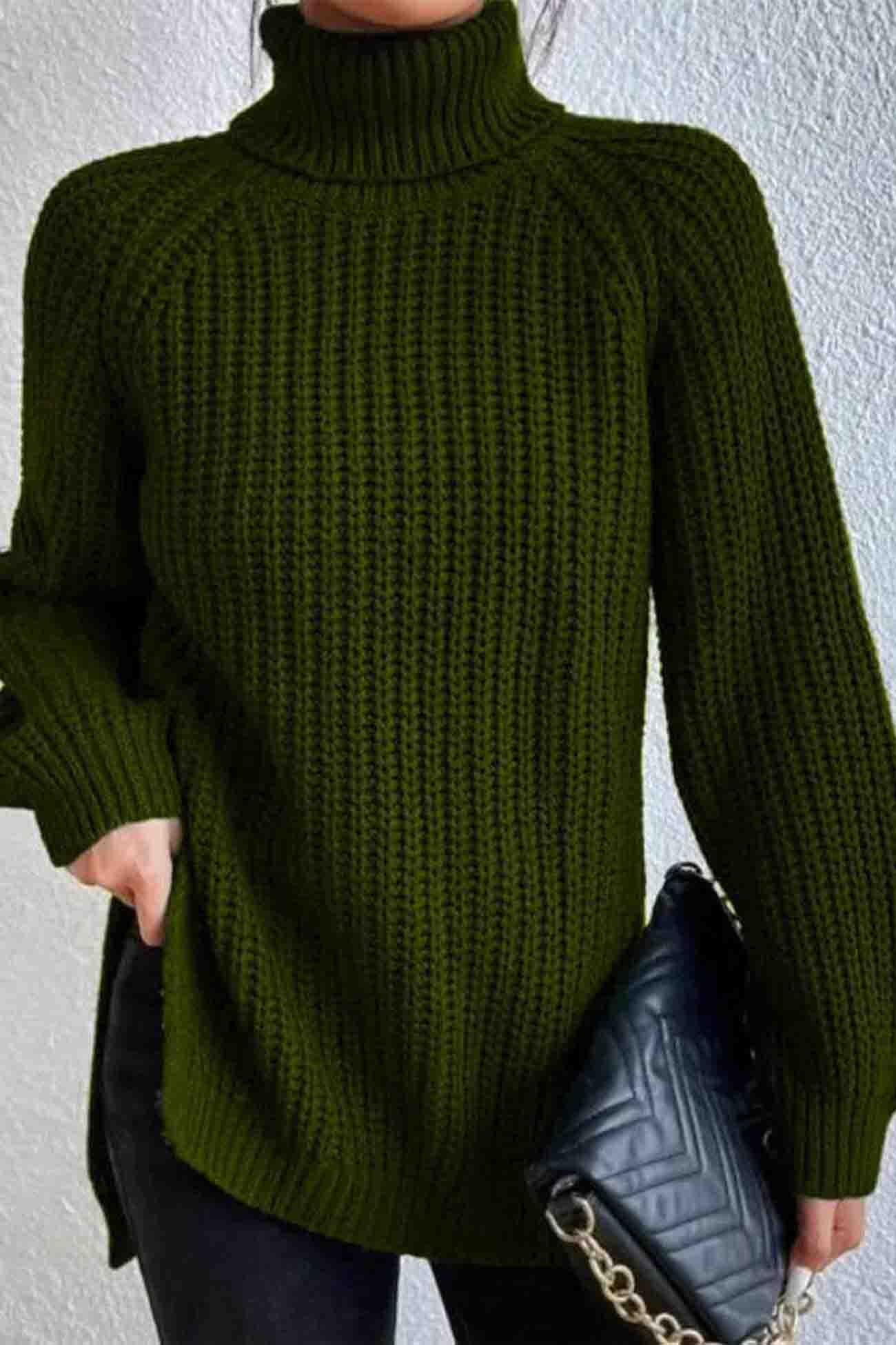 Raglan Sleeve Turtleneck Slit Mid-Length Sweater