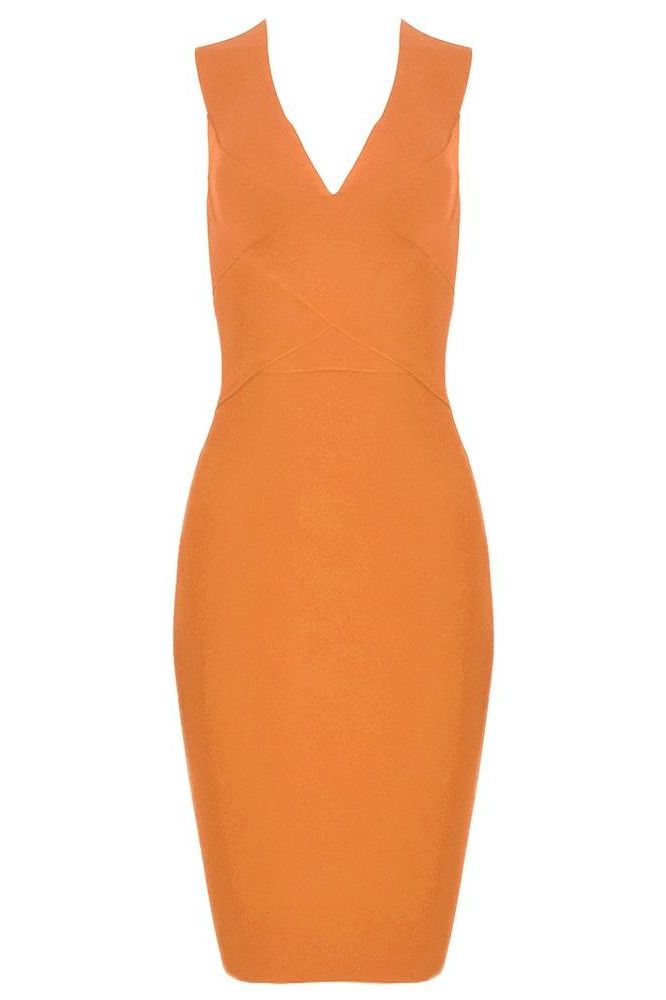 Woman wearing a figure flattering  Ash Bandage Dress - Apricot Orange Bodycon Collection