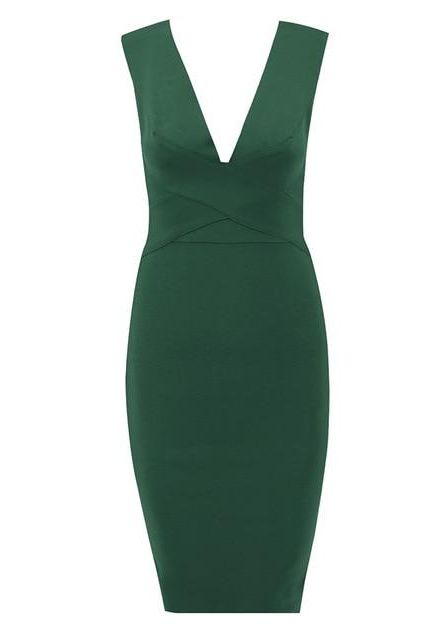 Woman wearing a figure flattering  Ash Bandage Dress - Emerald Green Bodycon Collection