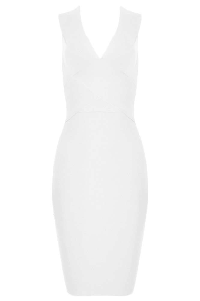 Woman wearing a figure flattering  Ash Bandage Dress - Pearl White Bodycon Collection