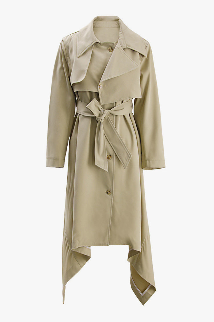 Asymmetric Folded Collar Button Up Cinched Waist Belted Trench Coat