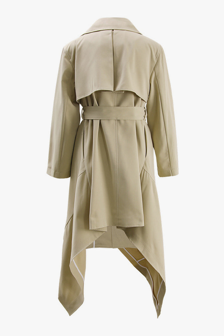 Asymmetric Folded Collar Button Up Cinched Waist Belted Trench Coat