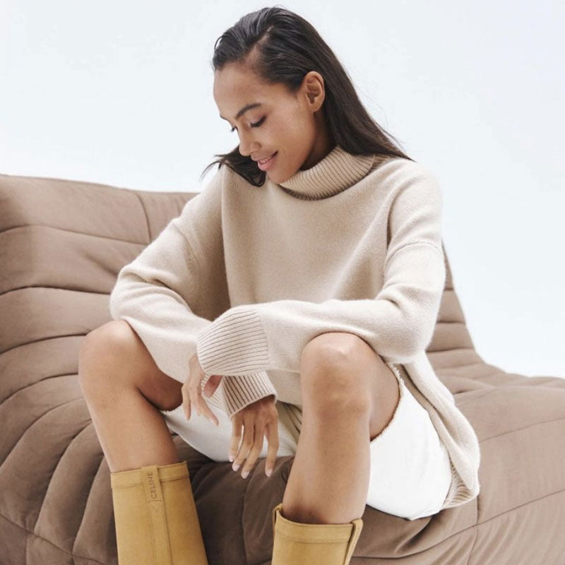 Asymmetric Rib Trim Turtleneck Long Sleeve Oversized Pullover Sweater - Camel