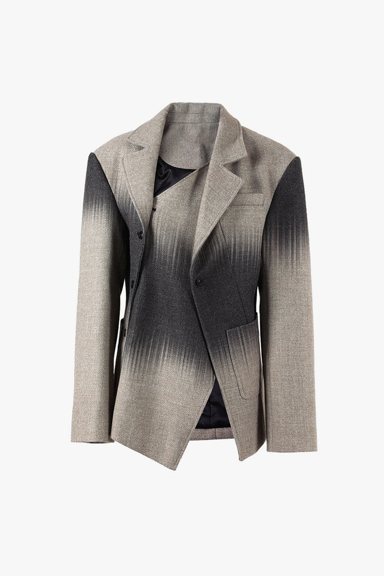 Asymmetrical Button Brushstroke Print Padded Quilted Wool Blend Blazer