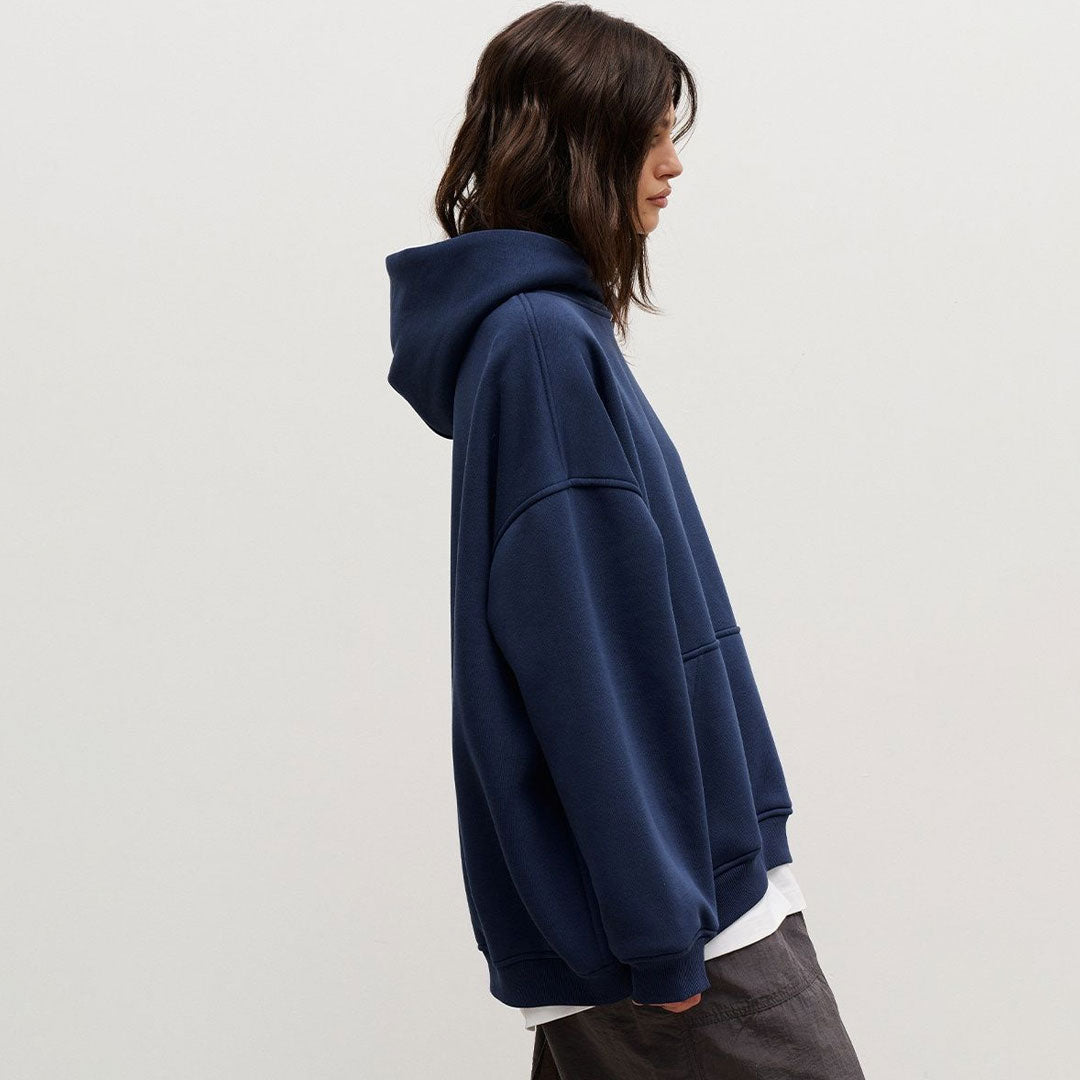 Athletic Style Oversized Drop Shoulder Winter Hooded Sweatshirt - Navy Blue