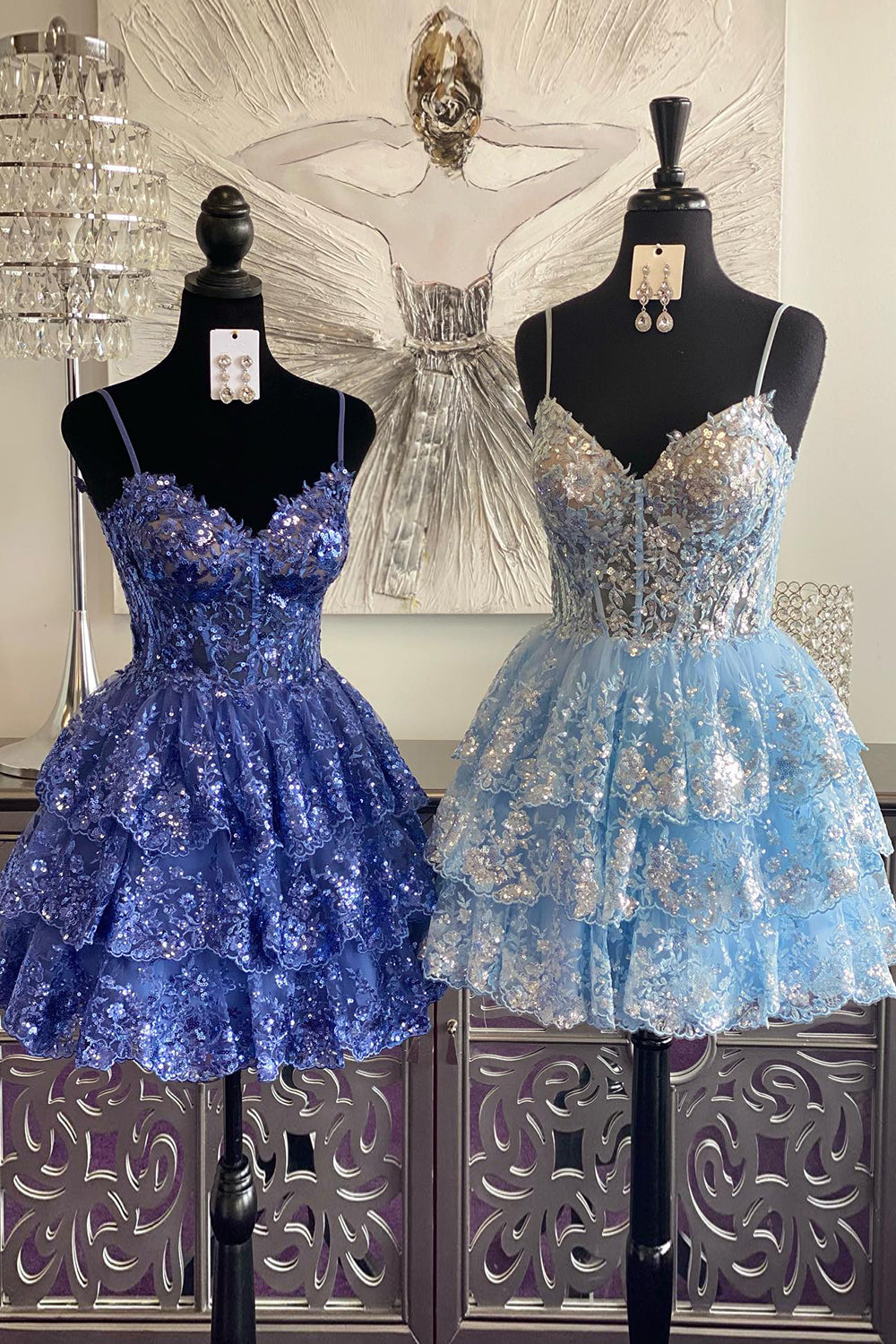 Blue Homecoming Dress Corset Spaghetti Straps A Line Lace Short Prom Dress