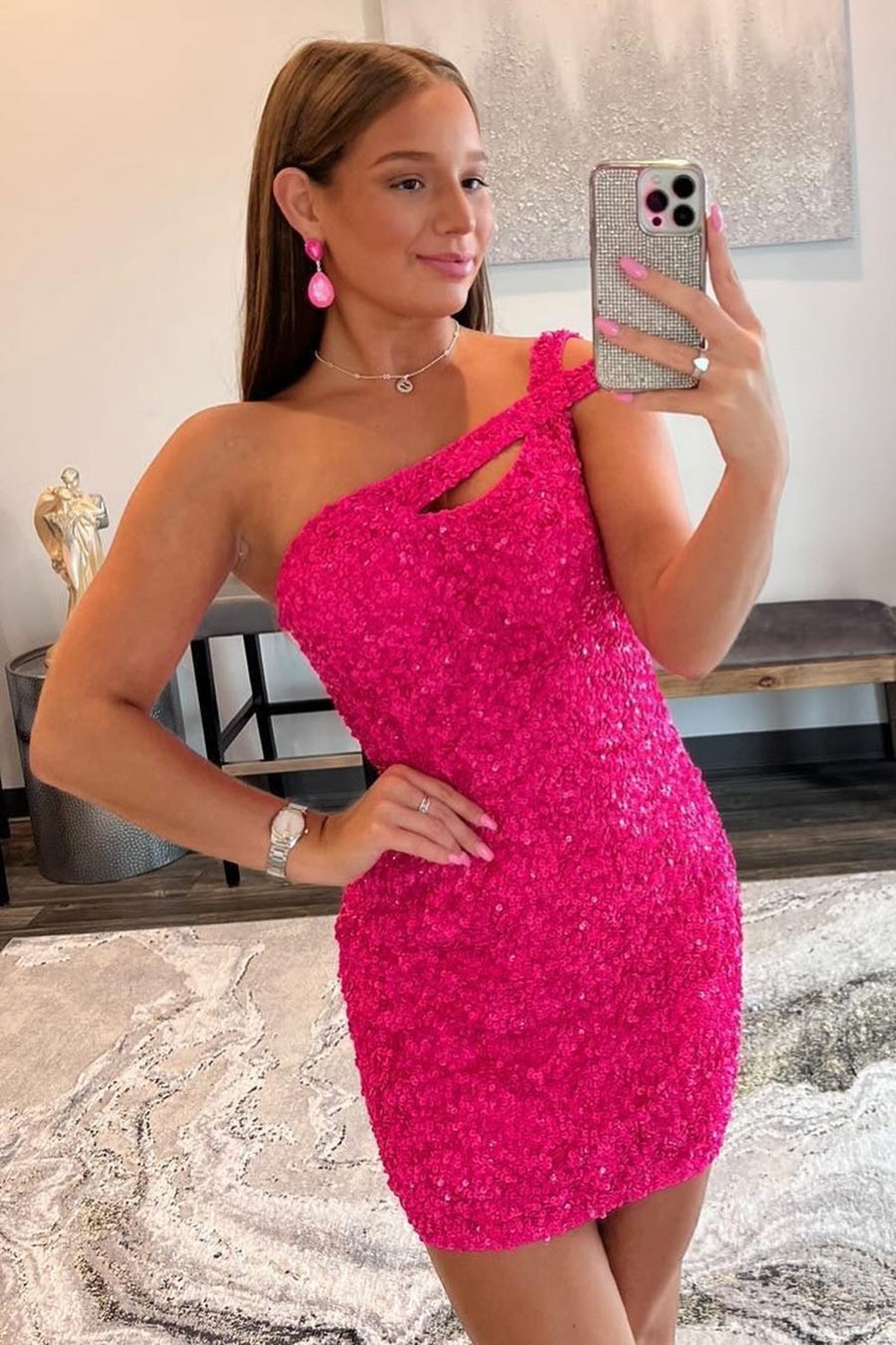 Hot Pink Homecoming Dress Open Back One Shoulder Tight Sequin Prom Dress