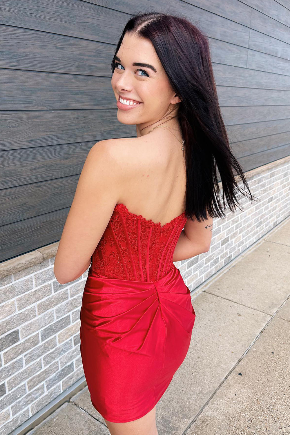 Red Homecoming Dress Corset Satin Tight Short Prom Dress with Lace Top