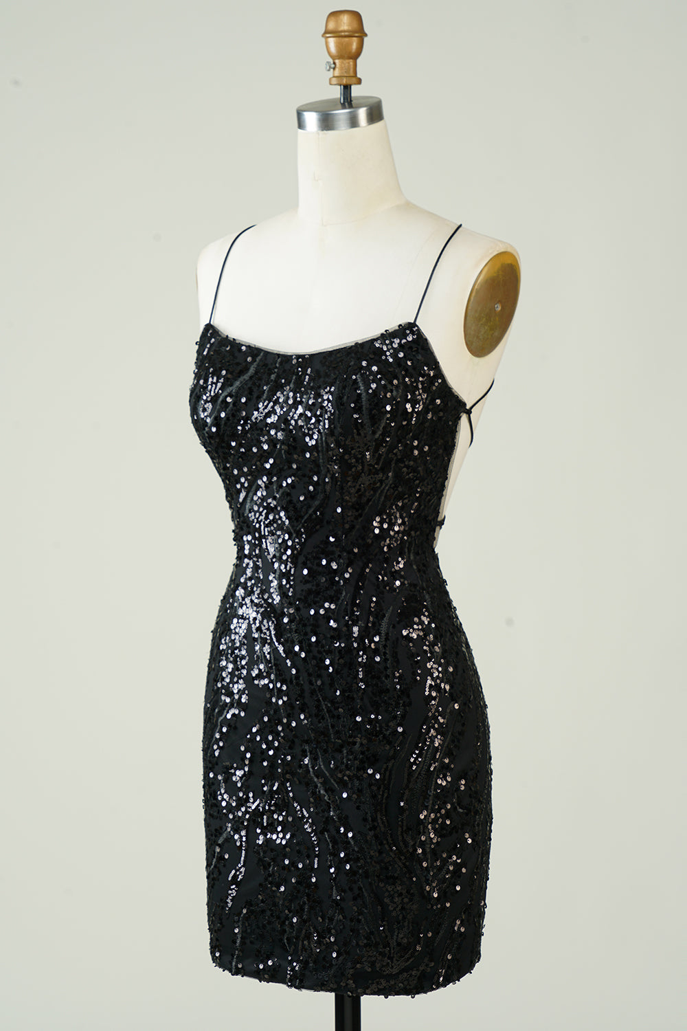 Black Homecoming Dress Sequin Spaghetti Straps Tight Prom Dress