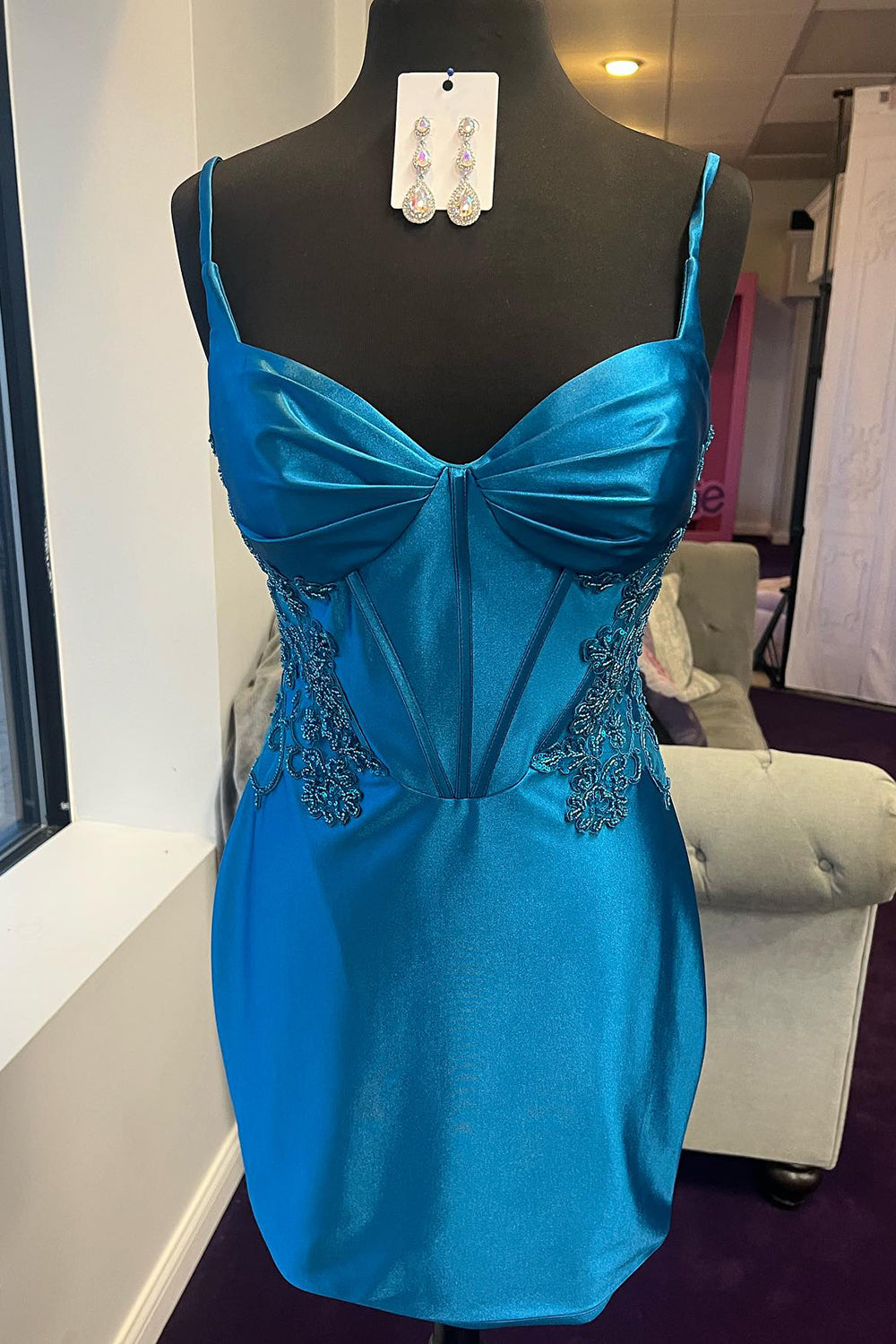 Blue Homecoming Dress Corset Open Back Tight Short Prom Dress with Appliques