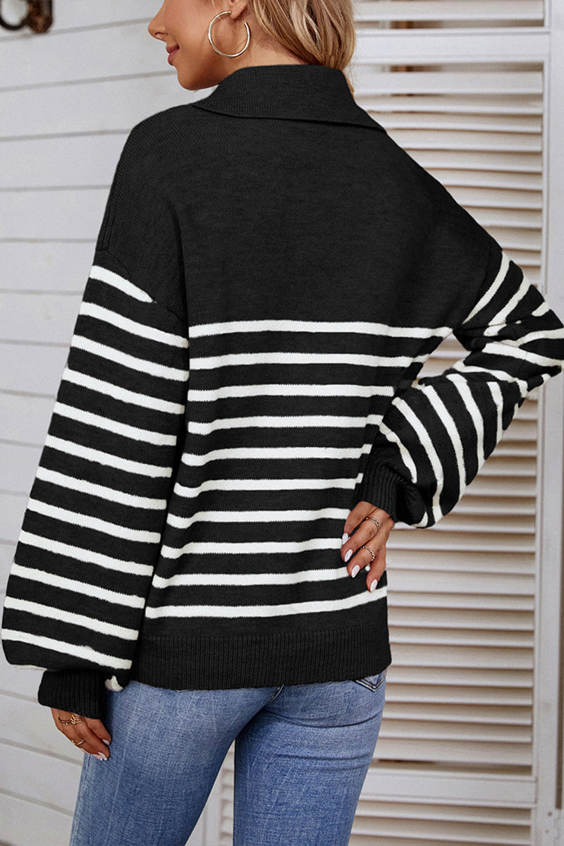 Colorblock Striped Polo Neck Balloon Sleeve Sweater