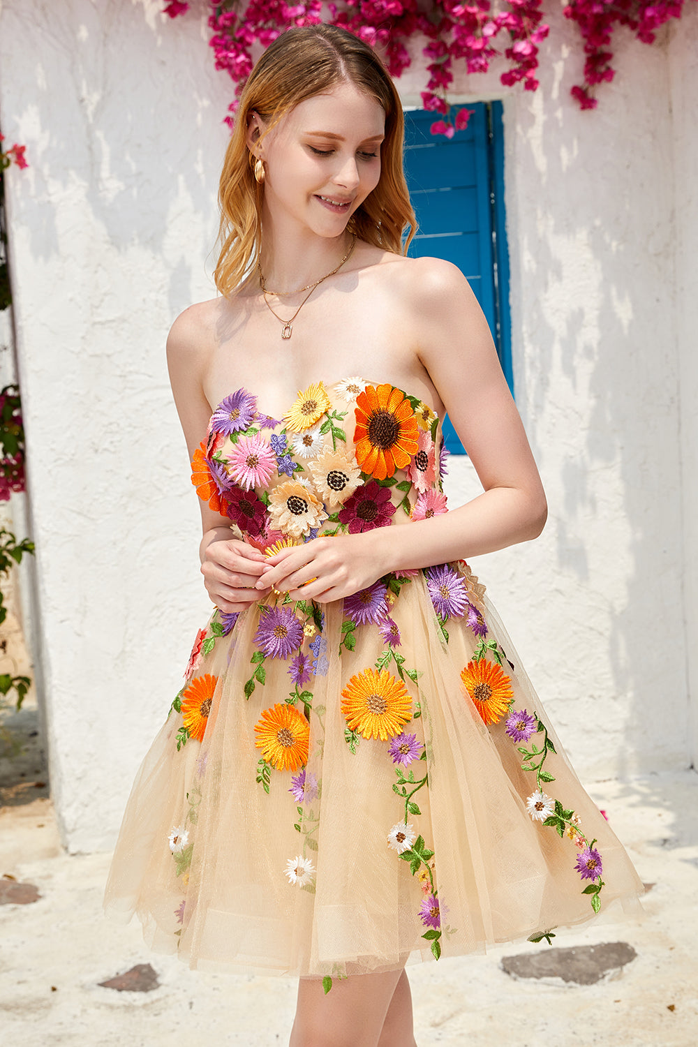 Champagne Homecoming Dress Strapless Prom Dress with 3D Flowers