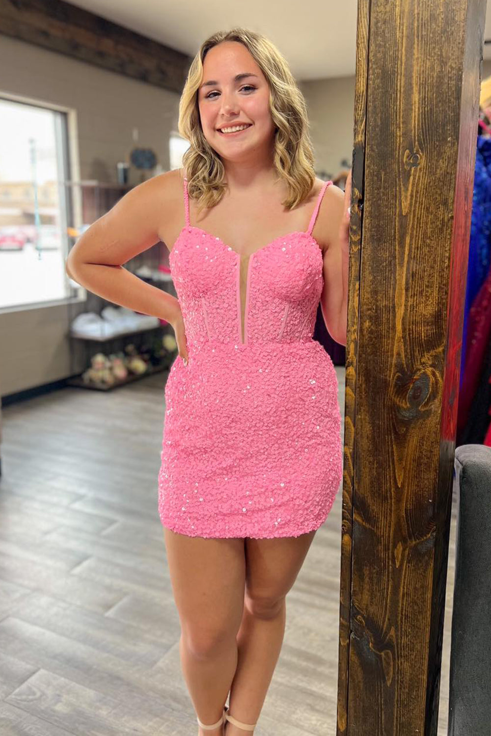 Pink Homecoming Dress Sequin Corset Tight Short Prom Dress